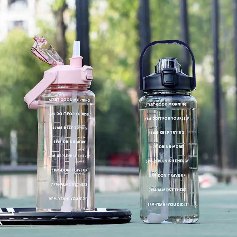 Nowa 2 -litrowa sportowa butelka z wodą ze słomką kobiety fitness butelki na wodę na zewnątrz zimne butelki z wodą z markerem napóju 1