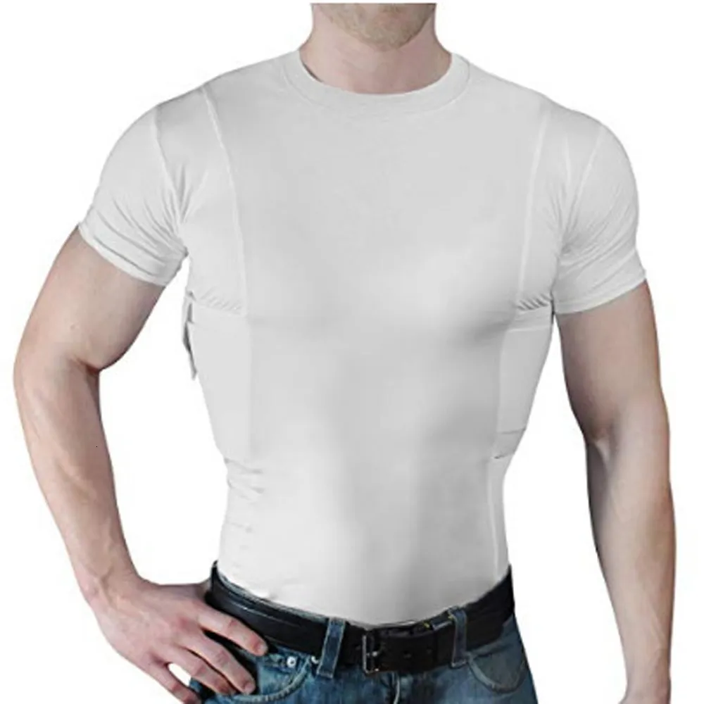 T-shirts pour hommes T-shirt tactique Chemises à manches courtes Chasse d'été Sing Muti-poches Undershirt Gun Holster Invisible O-Neck Slim Tees 5XL 230508