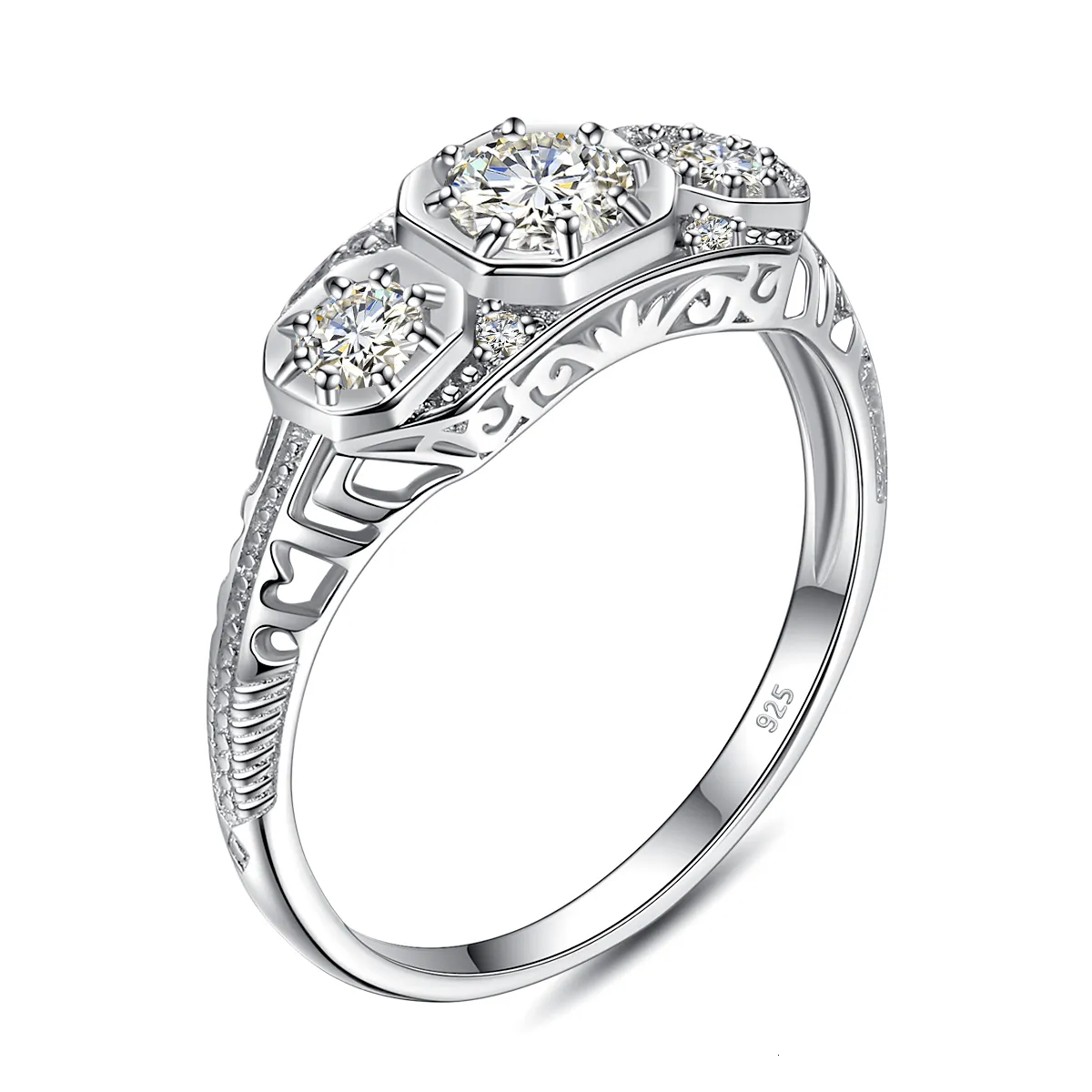 Bague Solitaire en argent pur 925, 3 pierres en mossanite pour femmes, avec certificat GRA, fiançailles de mariage, bijoux faits à la main, cadeau féminin 230508