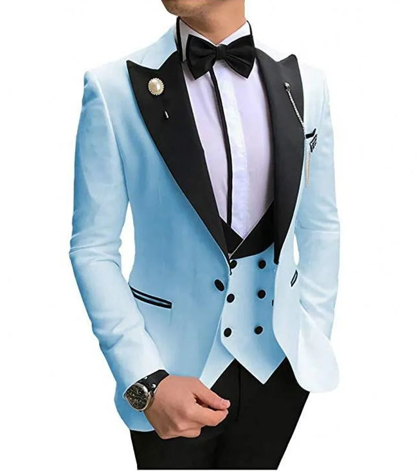 Chaud Recommander Bleu Clair Marié Tuxedos Hommes Formelle Noir Revers Slim Fit Costumes Hommes D'affaires Porter De Mariage De Bal Dîner Costumes Veste Pantalon Cravate Gilet 110