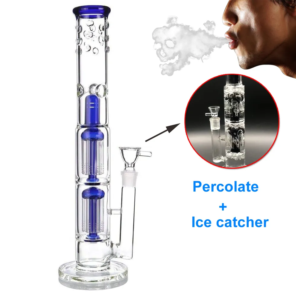 15 Inches Smoking Heavy Glass Bongs Hookahs Beaker Bong dab rig catcher Double Percolator Glass Bong Recycler Water Pipes With 18 mm Male Joint Bowl Bong