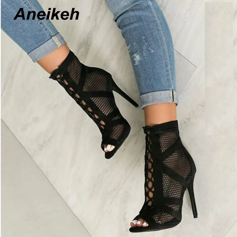 Boots Aneikeh Fashion Basic Sandals Boots Women High Heels Pumps Sexy Hollow Out Mesh Lace-Up Cross-tied Boots Party Shoes 35-42 230506