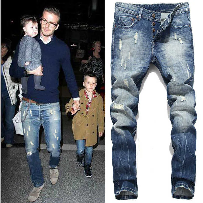 Heren jeans nieuwe mode Beckham Hole gescheurde hiphop mannen slanke jeans broek button fly gewassen vintage potlood denim broek pantalones hombre z0508