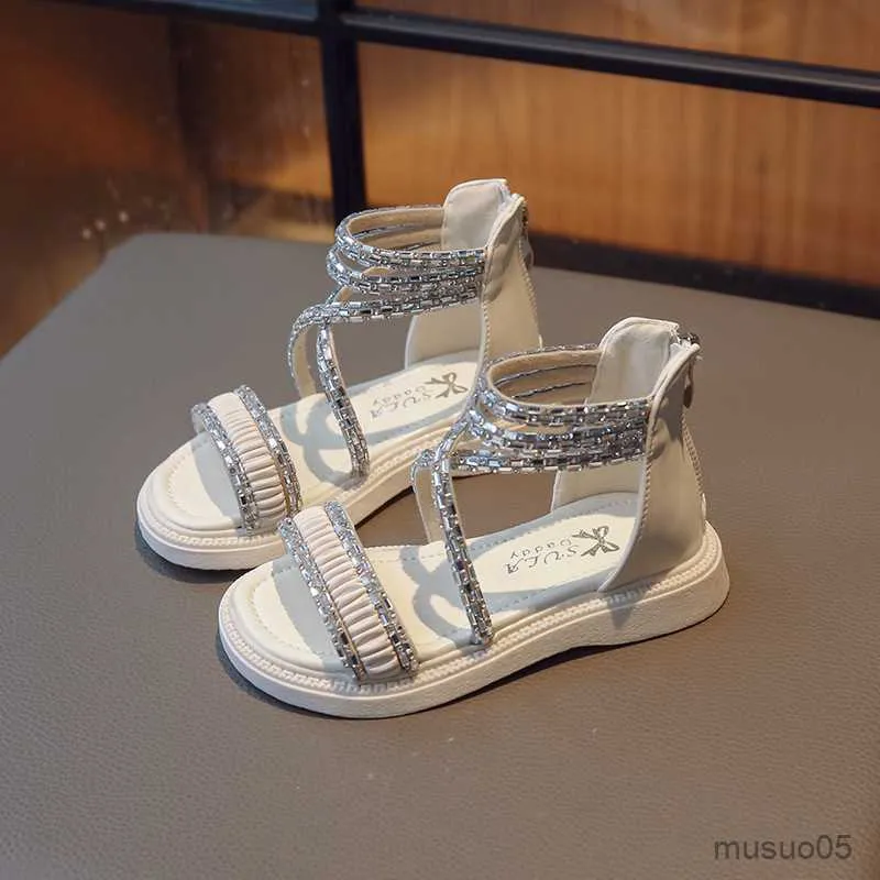 Sandals Girl's Sandals Cross-Band Rhinestone Luxe Kids Princess Summer Nieuwe Sliders Hollow Out Stylish Children Beach Shoes