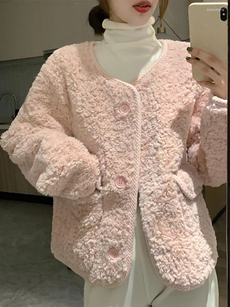 Damen Jacken Rosa Lamm Fleece Mantel 2023 Winter Y2k Kleidungsstück Südkorea Elegante Mode Kunstpelzjacke Damen Top Knöpfe