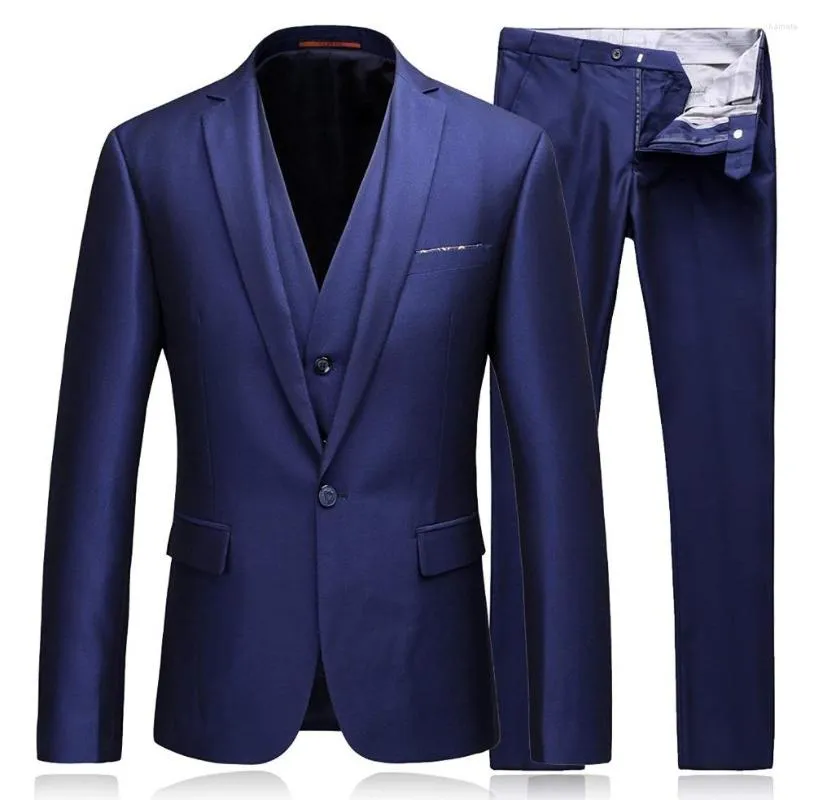 Herrdräkter Mens Tuxedo 3 Set Slim Fit Brand Blazer Royal Blue Dress Suit For Men Ukraine Groom Wedding Dress (Blazer Pants Vest Tie)