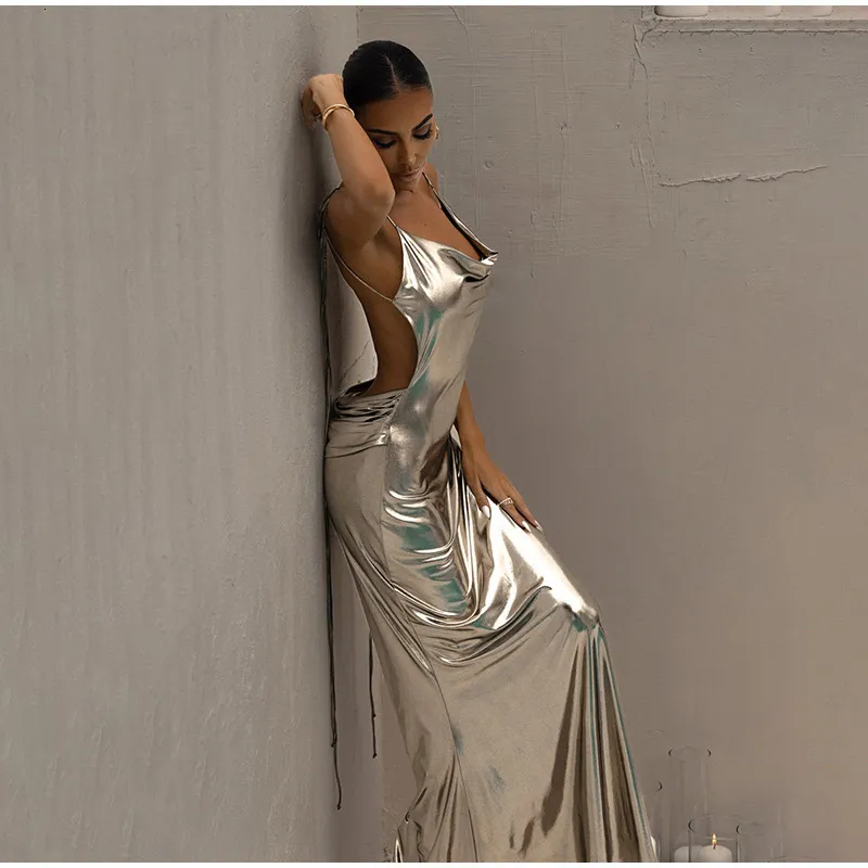 backless metallic dress Long Metallic Prom Dress with Strappy Back Champagne / 6 main image 0