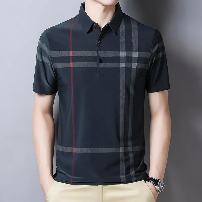 Men's Polos Summer T-shirt Short Sleeve Men's Stripe Casual Loose Turn-down Collar Polo Plaid Character Button Fashion Tops 230506