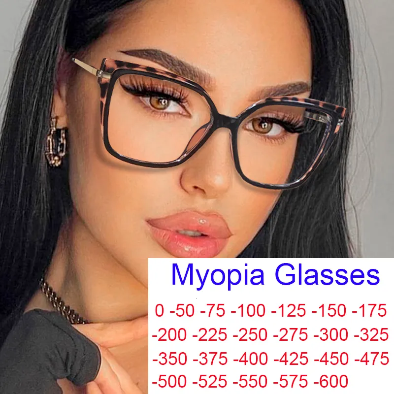 Leesbril Stijlvolle optiek Minus Myopia Women Luipard Oversized vierkante bril frame metalen computer anti-blauw licht 0 ~ -6. 230508