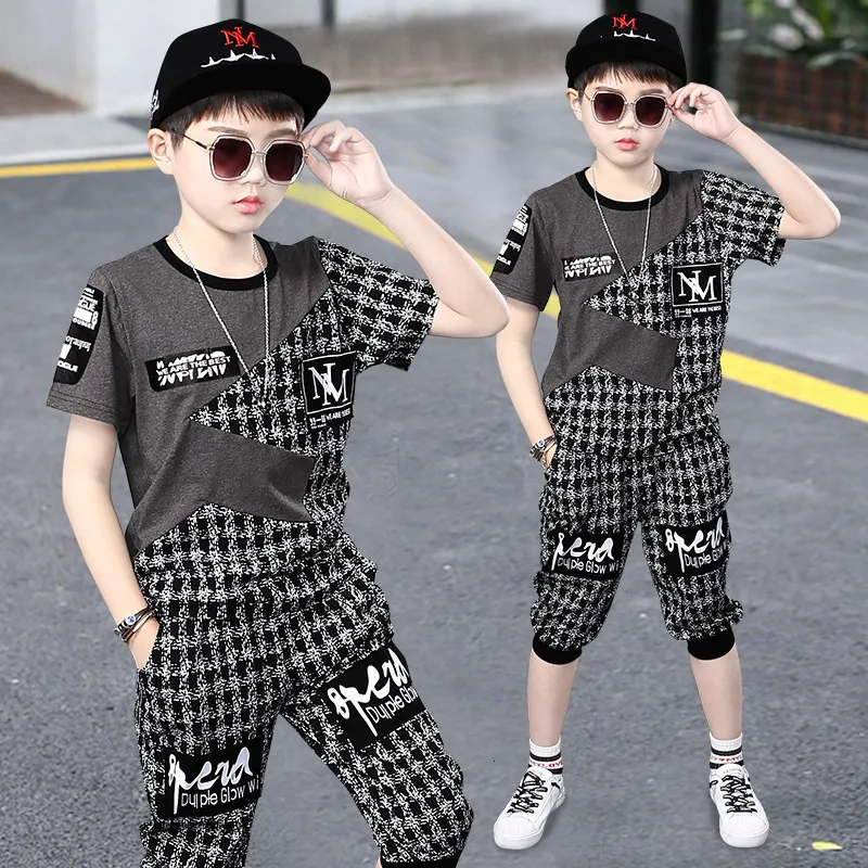 SetsSsuits Summer Kids Clothes Set for Boys 4 6 8 9 10 12 Years Fashion Splicing Short Sleeve T Shirt Pants School Children Sport Fu 230508