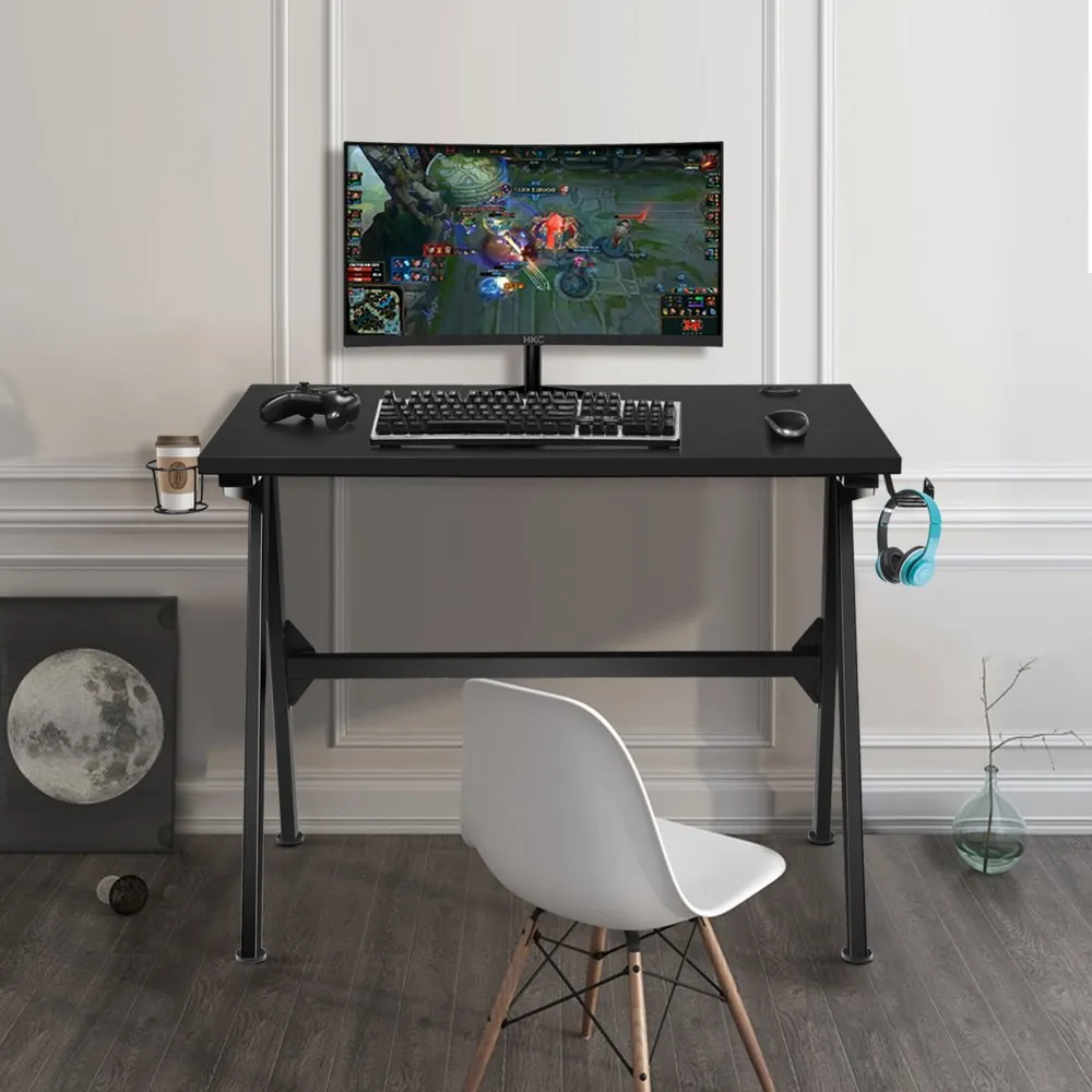 Bureau de jeu, gaming bureau ergonomique avec cadre en forme de k,  porte-gobelet et crochet