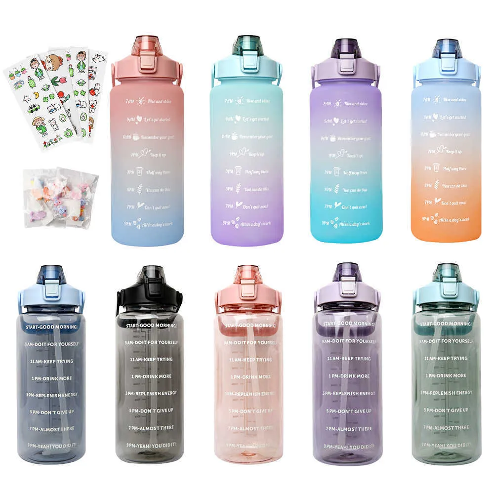 Nowe 2 litra butelka z wodą plastikowe kubki na zewnątrz Motywacyjny motywacja butelka do picia Sportowa butelka z wodą z markerami naklejki na kubki