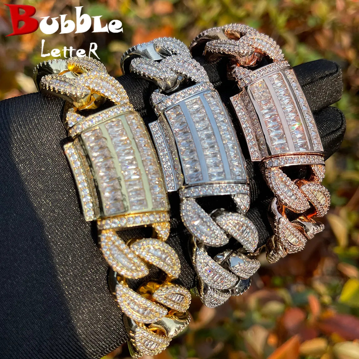 Chain Bubble Letter Baguette Cuban Link Bracelet for Men Iced Out Prong Setting Necklace Choker Real Gold Plated Hip Hop Jewelry 230506