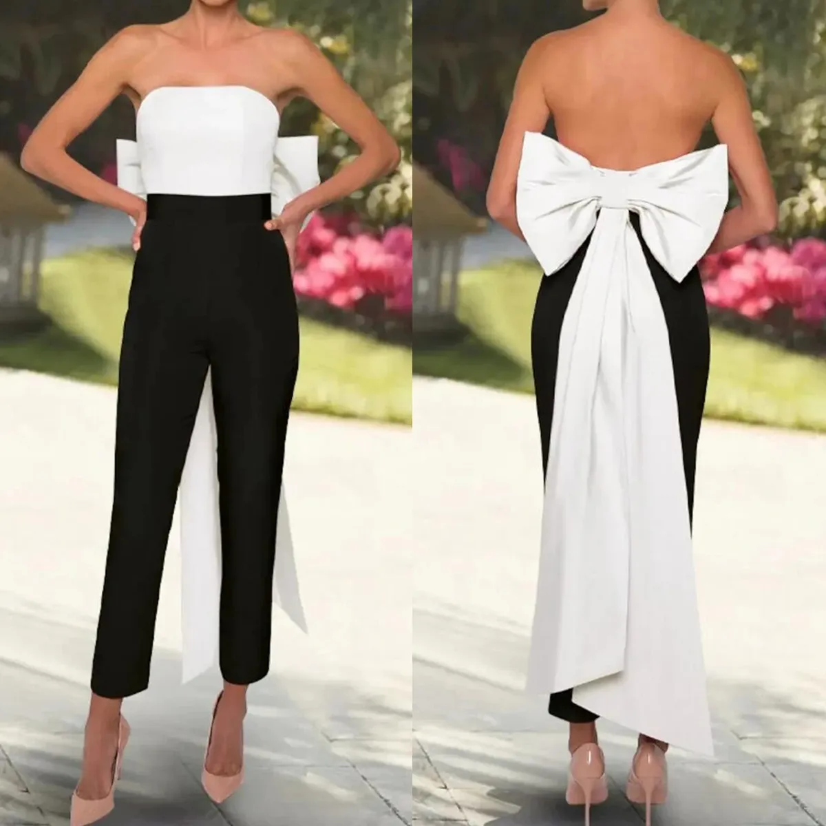 Tute semplici Abiti da ballo con fiocco staccabile Senza spalline Senza maniche Abiti da festa per occasioni speciali Pantaloni eleganti in bianco e nero Abiti da sera