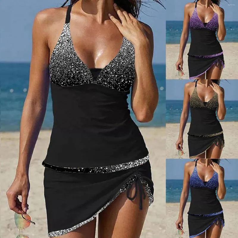 Damen Bademode Damen Tankini 2-teiliger normaler Badeanzug hoch tailliert grün weiß blau golden schwarz gepolstert V Jr Badeanzüge für Teenager-Mädchen