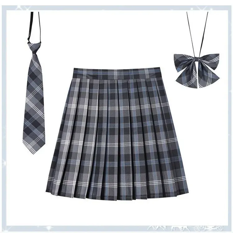 Harajuku Preppy Plaid Pleated Skirt With Necktie And Bowtie XS 5XL