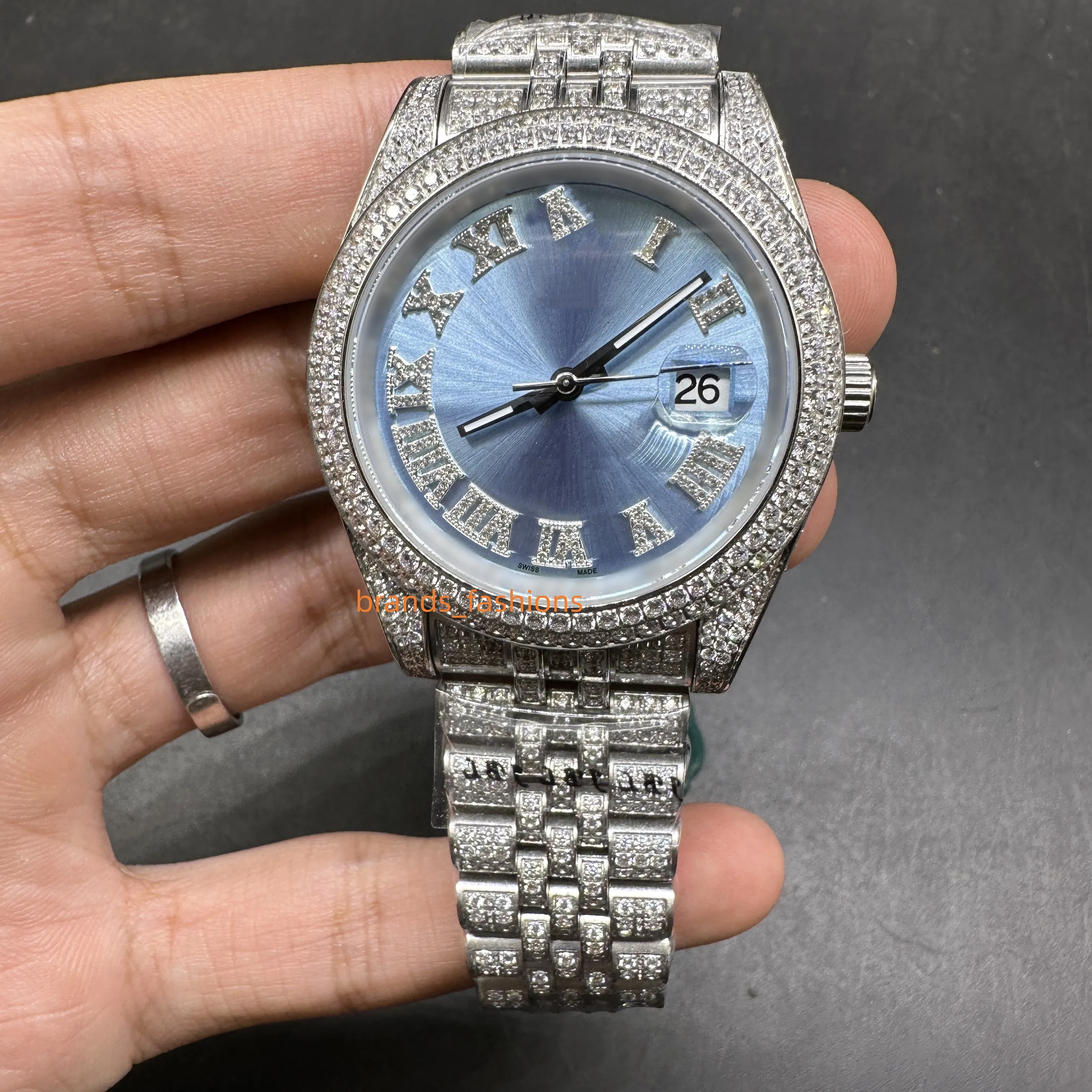Men s Iced Out Blue Dial Automatic Diamond Watch with Jubilee Band