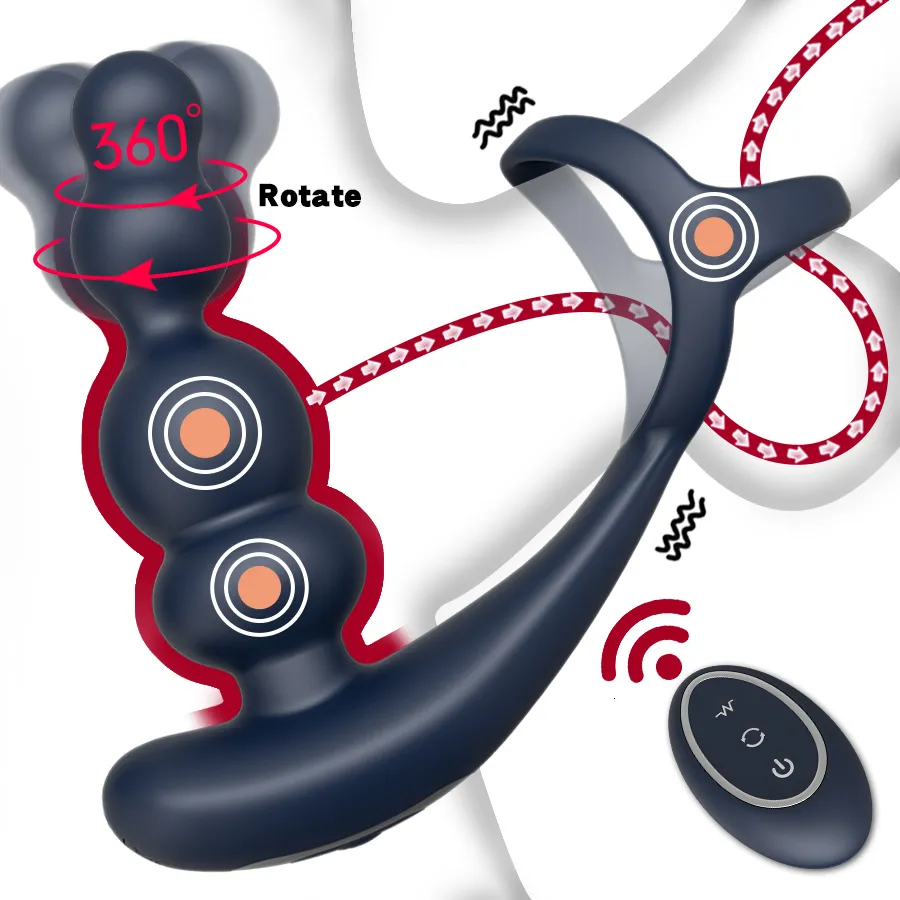 Vibrators Male Prostate Massager Vibrator 360°Rotate Anal Plugs Penis Ring Butt Plug Vibrator Wireless Control Sex Toy for Men Masturbator 230508