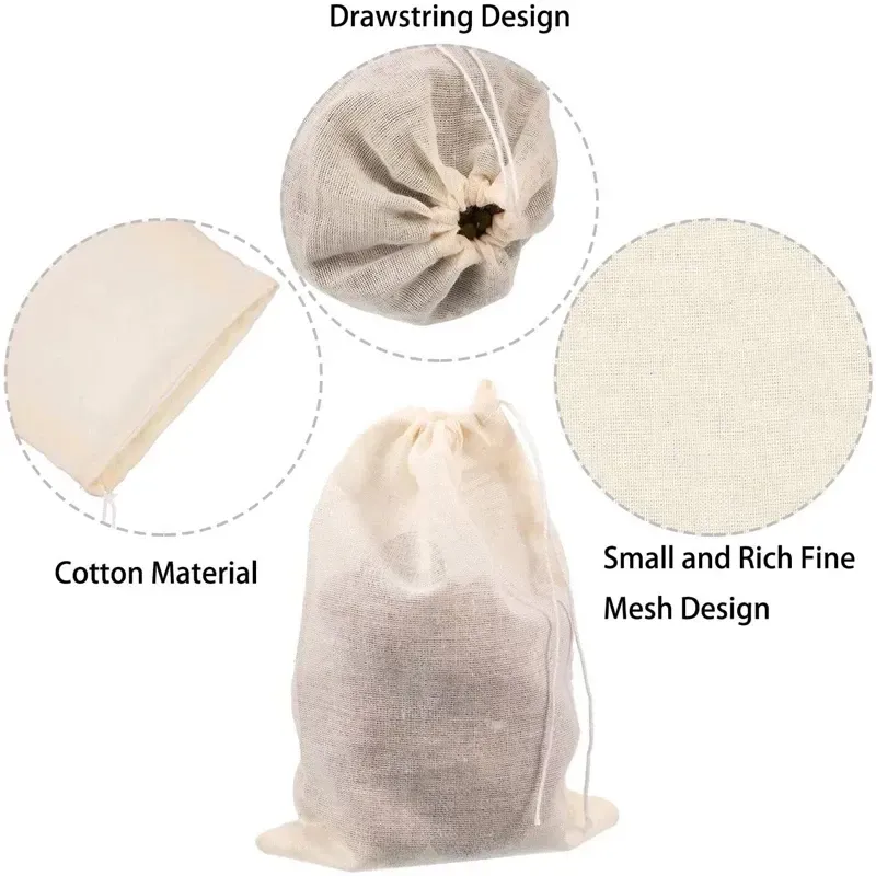 100 Pieces High-end Kitchen Food Muslin Cotton Storage Drawstring Bags Empty Tea Filter Sachet Multi Size Soap Cooking Cheesecloth Pouches