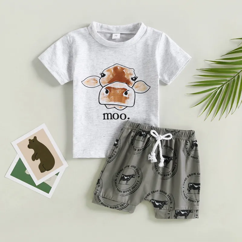 ensembles de vêtements de dessin animé pour bébés garçons été bébé vache imprimé à manches courtes T-shirt dessiner corde shorts vêtements décontractés costume enfant en bas âge tenues décontractées S2199