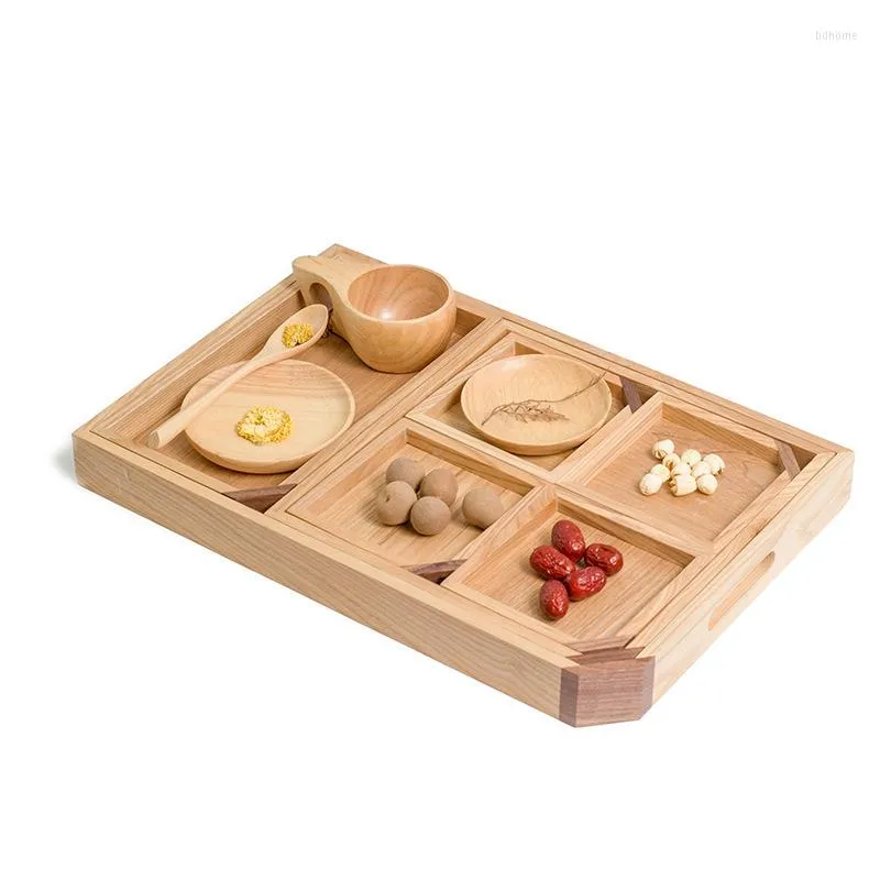 Flatware Sets Wholesale Rectangular Four Grid Flavor Plate Combination Tray Wooden Tableware Set Creative Sub Snack