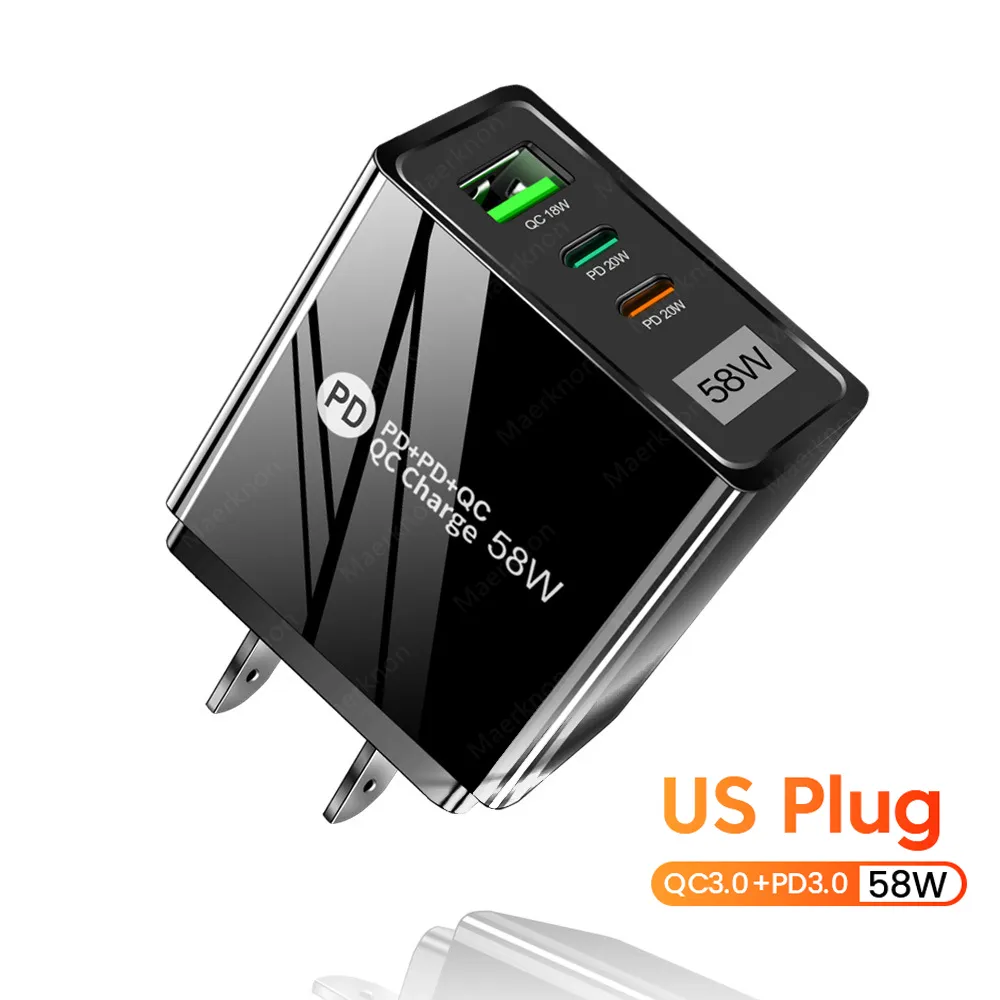58W USB FAST PD CARREGADOR Tipo C Adaptador de carga rápida UE/US/UK/Au Plug Plug Charger para iPhone xiaomi samsung 3 portas carregador USB