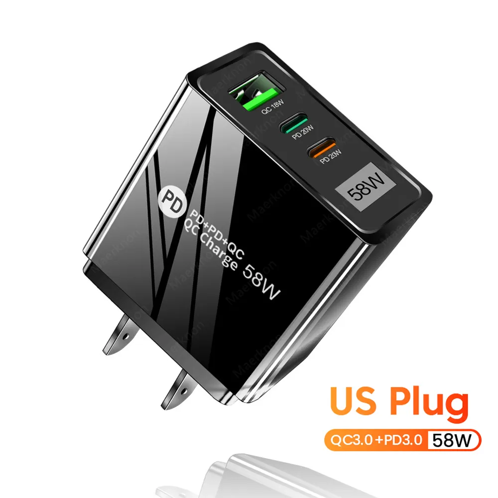 58W USB Fast PD Ladegerät Typ C Schnellladeadapter EU/US/UK/AU Stecker Telefon Ladegerät für IPhone Xiaomi Samsung 3 Ports USB Ladegerät