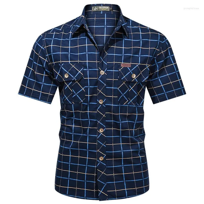 Hommes chemises décontractées mode coton été hommes grande taille 5XL Plaid manches courtes col rabattu Style militaire mâle vêtements