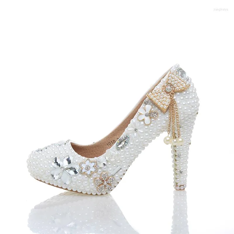 Dress Shoes Aestheticism White Pearl Rhinestone Closed Toe Stiletto Heel Wedding 11cm Heels Gorgeous