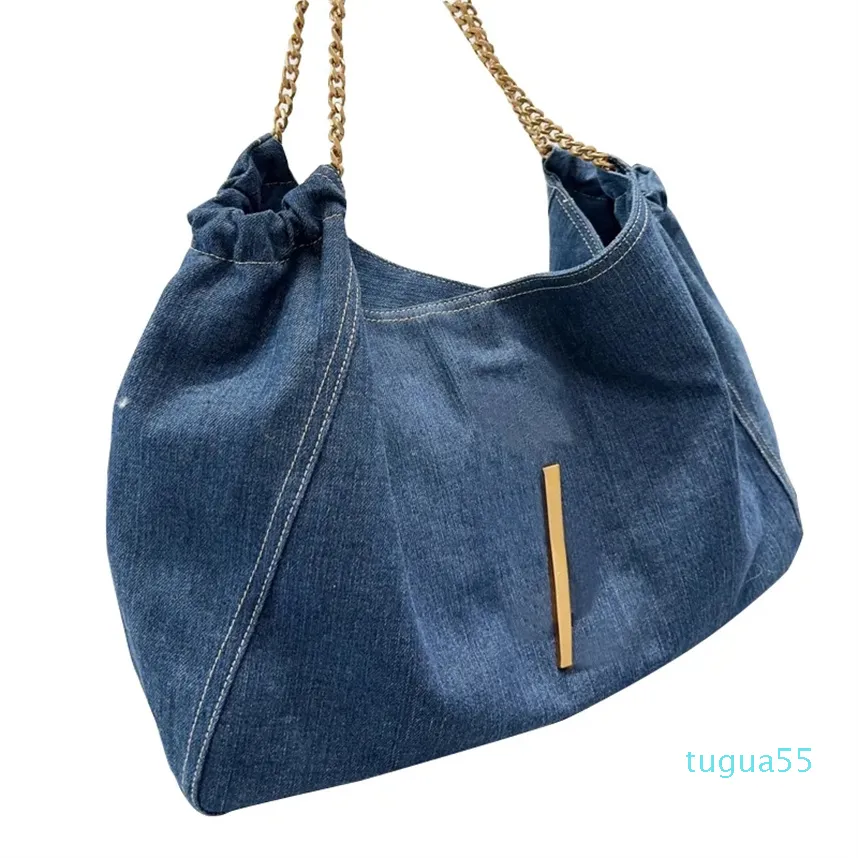 Denim Shopping sac fourre-tout mode sacs à bandoulière grande capacité femmes voyage sacs à main or métal Chian grande lettre matériel