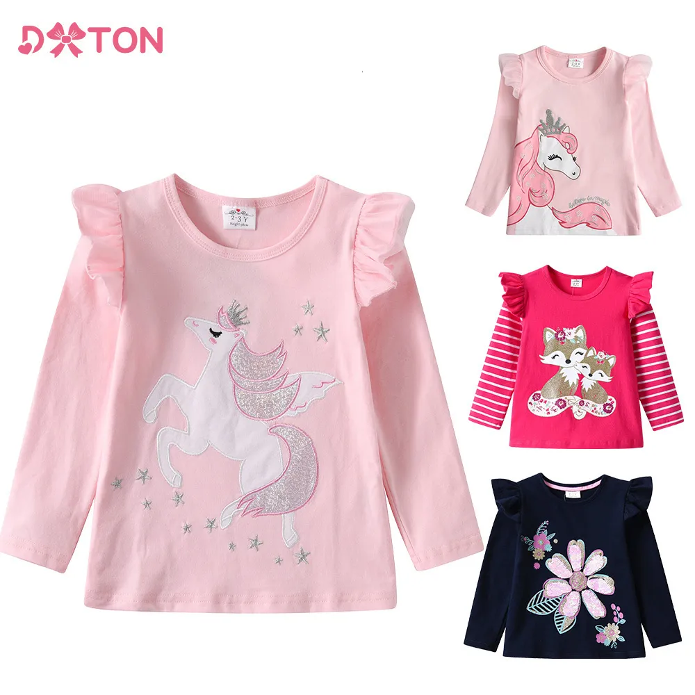 T-shirts Dxton Kids Unicorn Cartoon T-shirt Girls Kleding Lange mouw T-shirt Spring Casual Wear Tops Tops Toddlers Pink Tees Children Clothing 230508