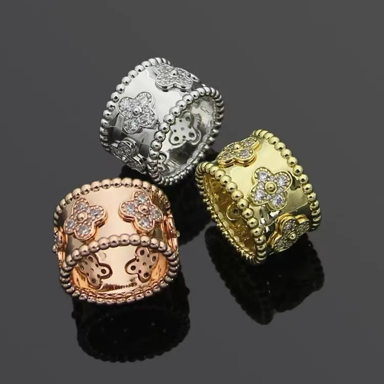 Anillo de trébol de cuatro hojas de marca de lujo para mujer, anillo de diamante de cara ancha de cristal encantador a la moda, anillo de diseñador de oro de 18 quilates, joyería