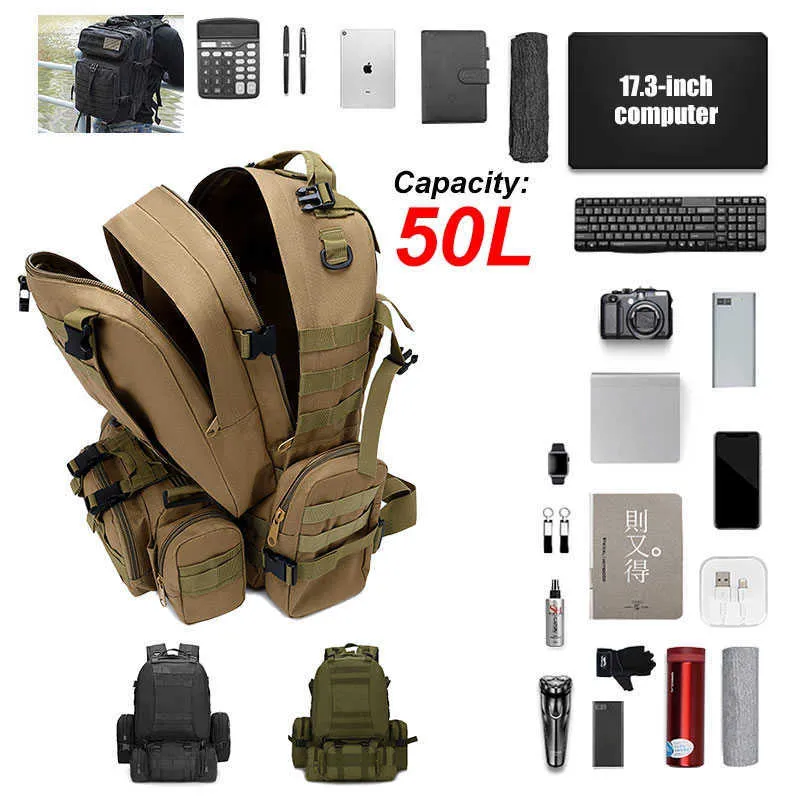 Borse da esterno 50L 4 in 1Molle Borsa tattica sportiva Zaino tattico da uomo Zaino militare Escursionismo all'aperto Arrampicata Zaino militare Borse da campeggio P230508