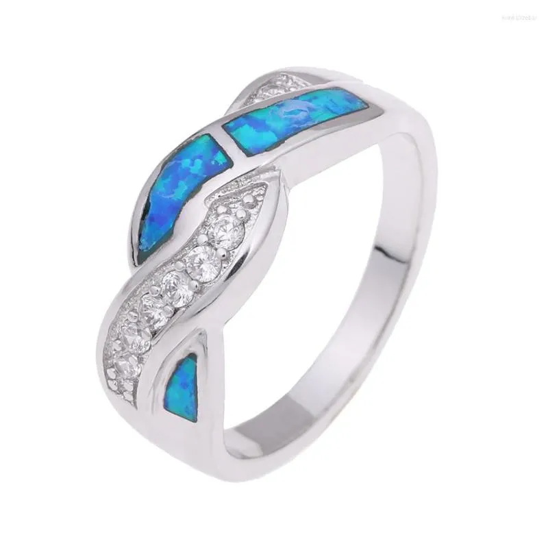 Bröllopsringar Fashion Silver Color Opal Jewelry Engagement Finger For Women Gift Distribution Blue Stone Inställning STORLEK 6-11