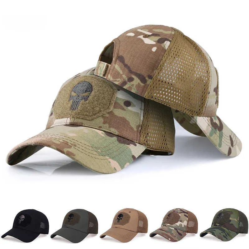 Snapbacks Men's Camo Sels Skull Tactical Baseball Caps for Women Summer Airsoft Militar Militar ao ar livre Mesh Snapback Cap Sun Visor Trucker Hats G230508