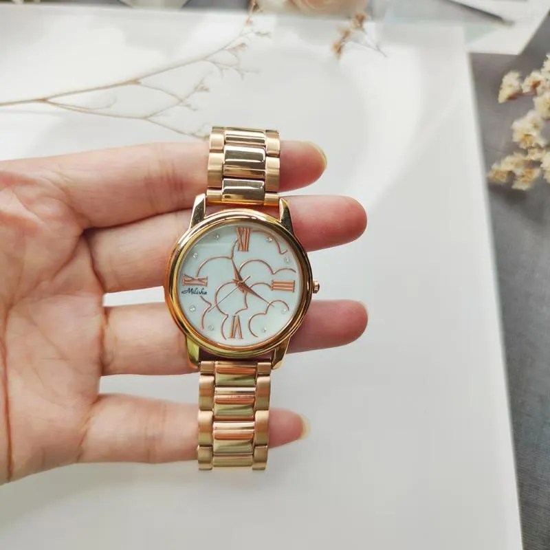 Wristwatches Clean Stock Big Sale Round Case Copper Watch For Women White/Rose Gold And Cute Dial Wide Band Wrist Watches
