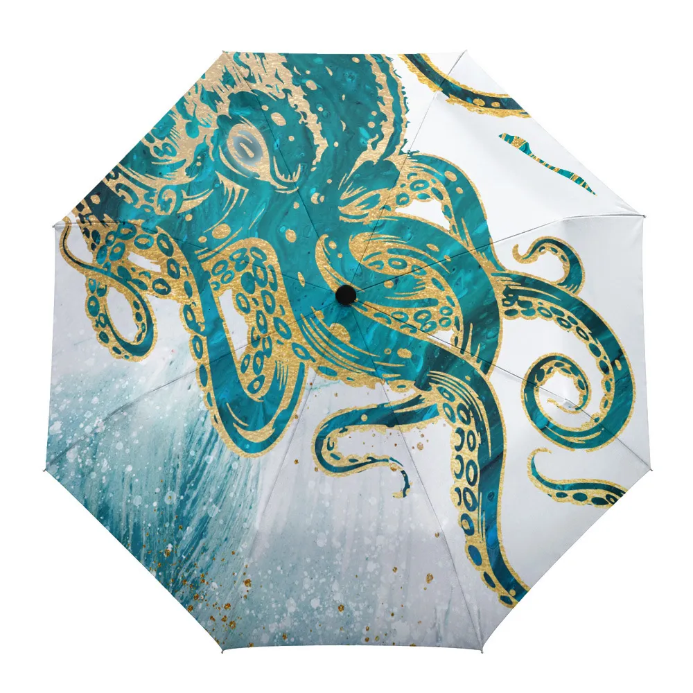 Rain Gear Octopus Aquarelle Parapluie entièrement automatique pour enfants en plein air Adultes Parapluie imprimé Pliable Parapluie à huit brins 230508