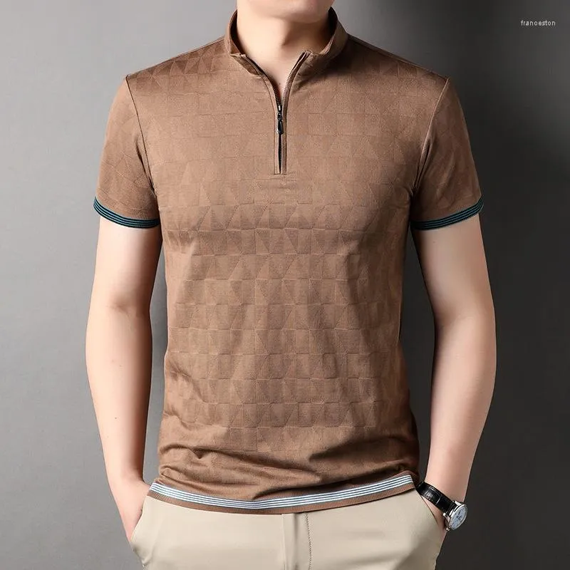 Men's Polos Summer Lightweight Jacquard Men's Short Sleeve Polo Shirts Quarter-Zip Casual Slim Fit Mock Neck Basic Designed Cotton Shirt