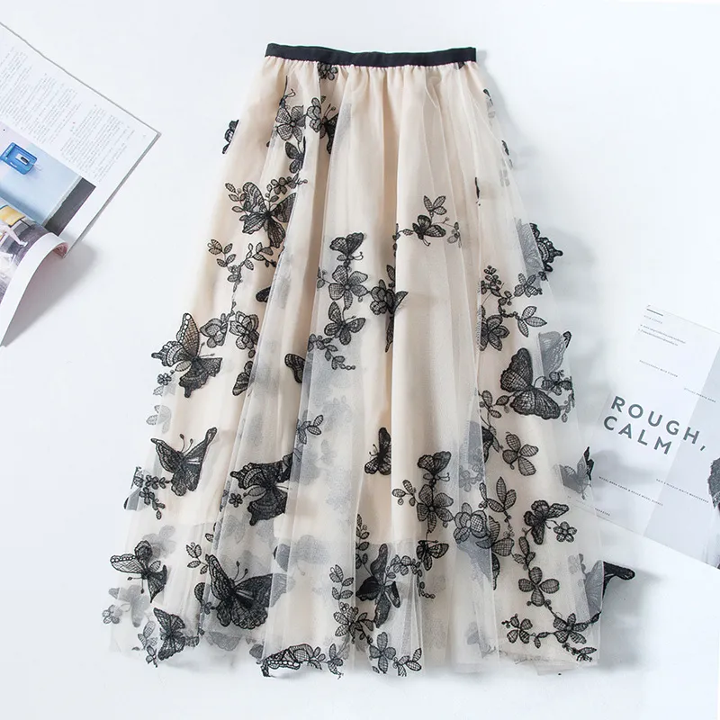 Tulle Skirt: Vintage Butterfly Embroidered High Waist A Line Mesh