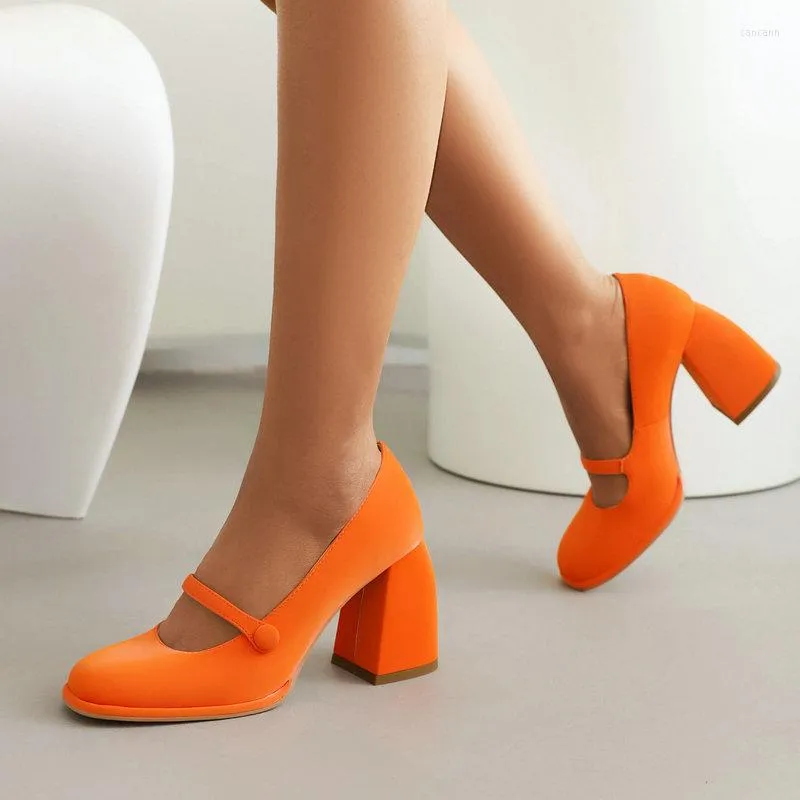Dress Shoes Bright Orange Fuschia Color Closed Toe Woman Pumps Party Bride Women s Chunky High Heels Lady Mary Janes Big Size 35 43