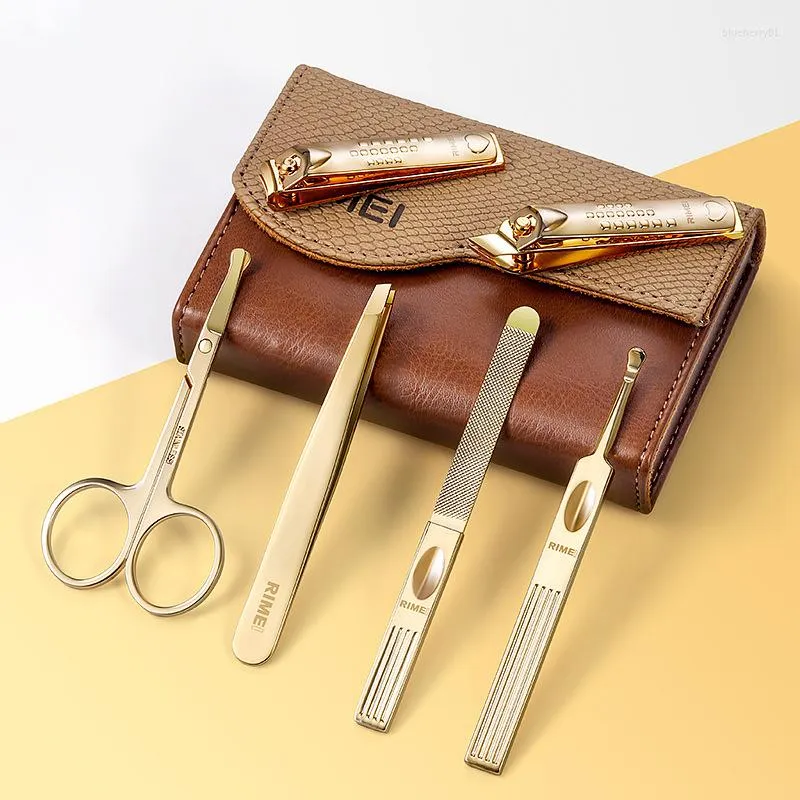 Nail Art Kits 6pcs High-Quality Gold Color Stainless Steel Manicure Set PU Leather Packaging Clipper Perfect Gift Friends Family