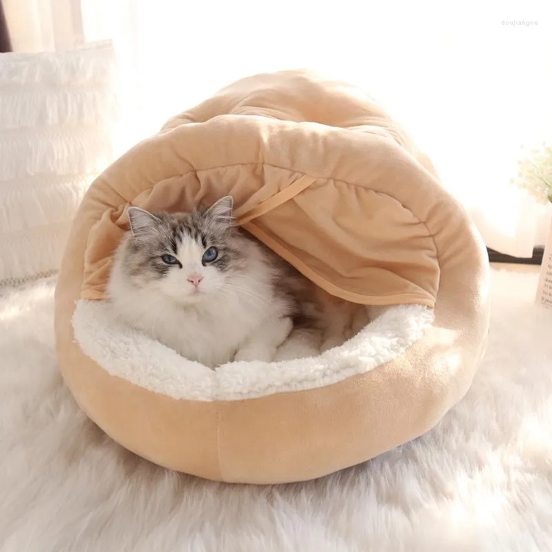 Kattbäddar avtagbart täcker husdjur säng vinter varm plus sammet tjockna inneslutna för att hålla kennhus djupt sömn