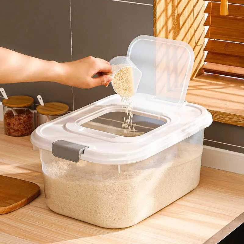 Organização 2.5 / 3.5 / 5.5KG Balde de arroz de plástico Frascos de cereais a granel Caixa de armazenamento de grãos Caso Recipiente de alimentos Organizador de especiarias Acessórios de cozinha