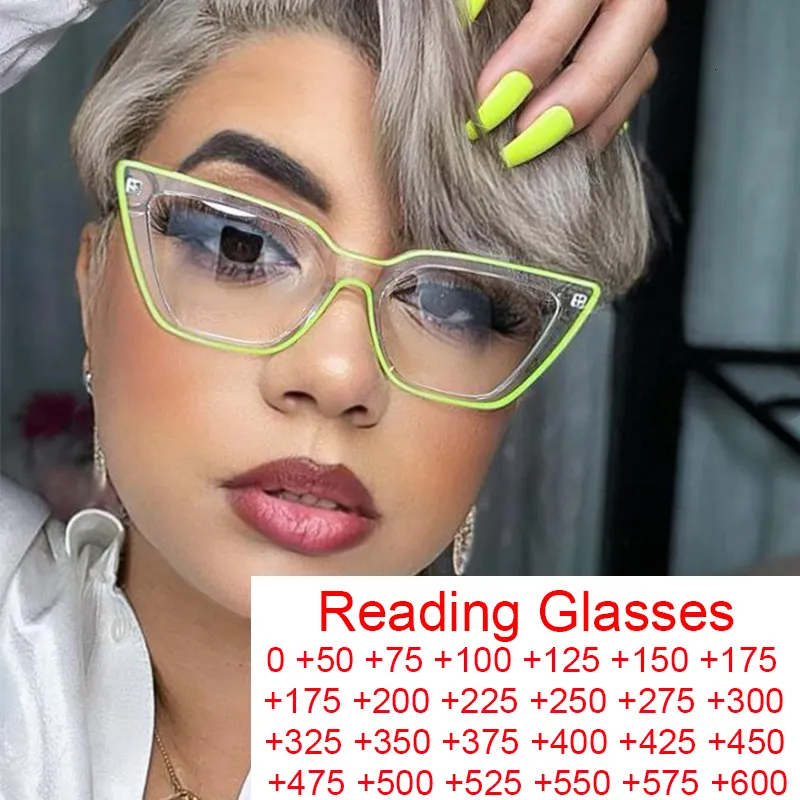 Lesebrille Einzigartiger transparenter grüner Katzenaugenrahmen Luxus Designer Neon Brillenfassungen Damen Dioptrien 1,5 2 230508