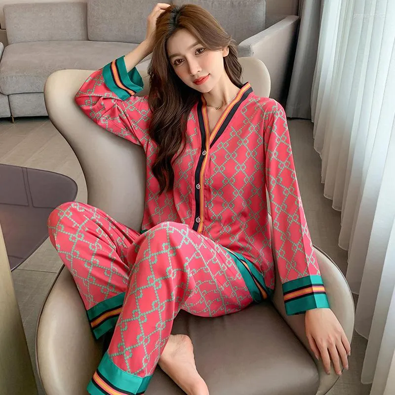 Kadın pijama 2023 Pijama Kadınlar Bahar Sonbahar Ev Kıyafetleri İnce Buz İpek Uzun Kollu Pantolon Yatak Odası Set Loungewear Uyku Giyim