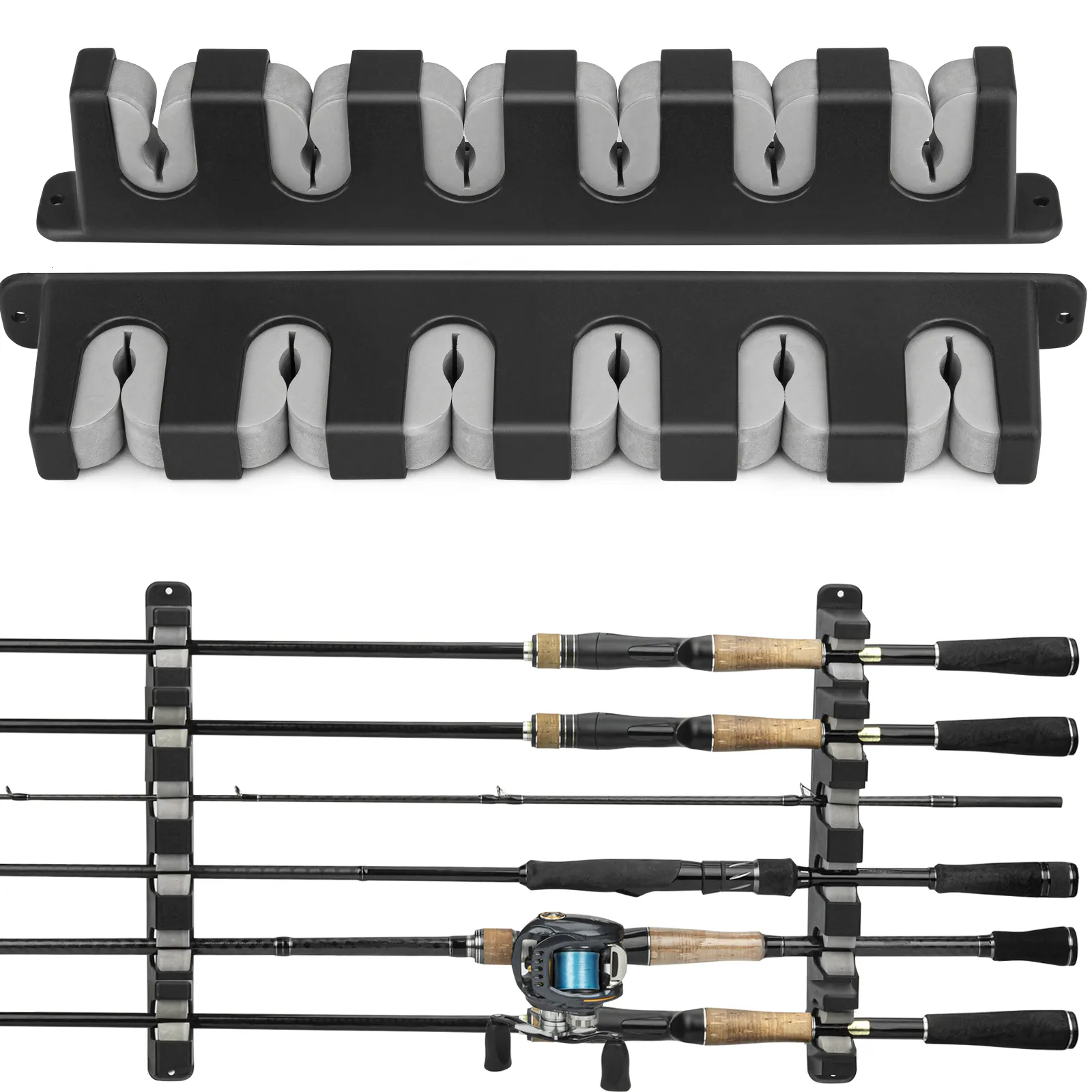 Accessoires de pêche THKFISH 2 pièces Kit de support de support de canne à pêche 6 trous en plastique ABS noir résistant à l'usure support de poteau mural horizontal durable 230508