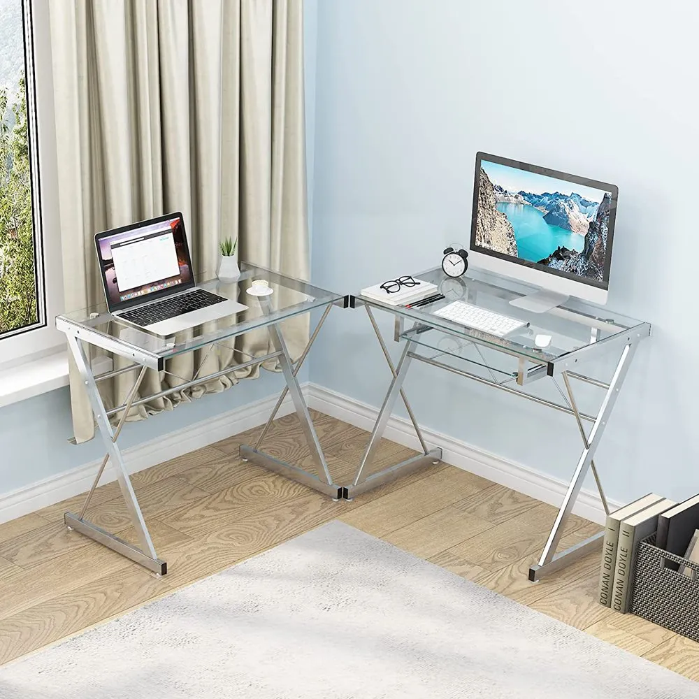 Glass and metal 2024 l shaped desk