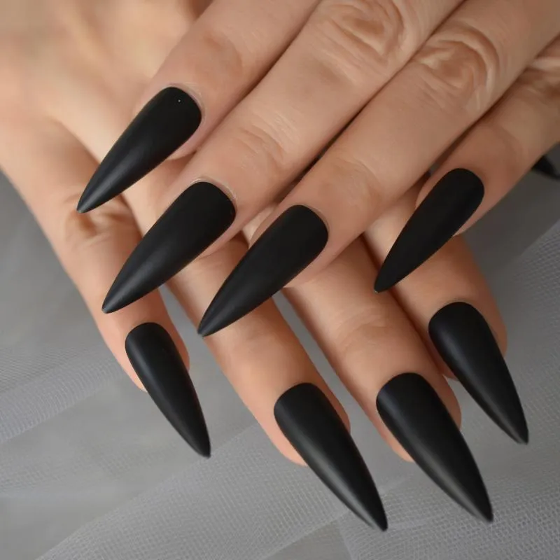 False Nails Matte Black Press On Extra Long Sharp Stiletto Fake Set Tips Artificial Girls Nail Art ManicureFalse