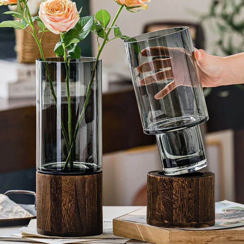 Dekorativa föremål vaser Enkla europeiska hydroponiska växthushållen vardagsrumsbord insatt blomma trä bas transparent glas vas heminredning 230506