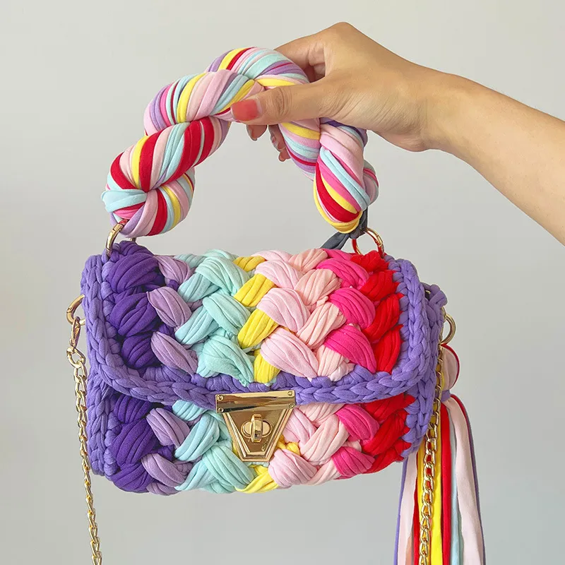 HBP Multi Color Handbags Beach Yarn Purse Woven Shoulder Bags Colorful Rainbow Luxury Crochet Bag Handmade